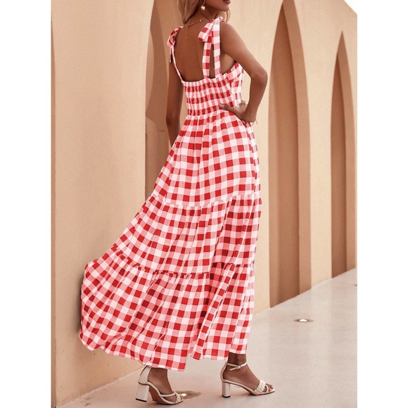 preppy Knot Strap Flounce Hem Gingham print maxi Dress - Picture 3 of 7
